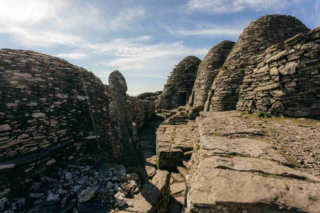 Stone beehive huts in the monastery on Skellig Michael