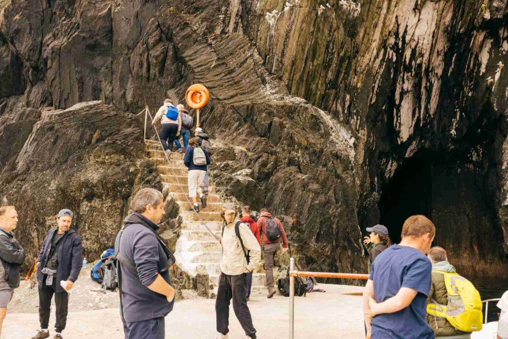Visitors at the landing pier on Skellig Michael, at the foot of the steps